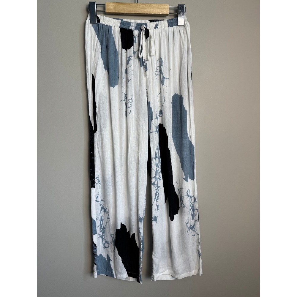 Exo-Tic Creation Abstract Print Wideโ Leg Pants Boho Beachy White Blue One Size